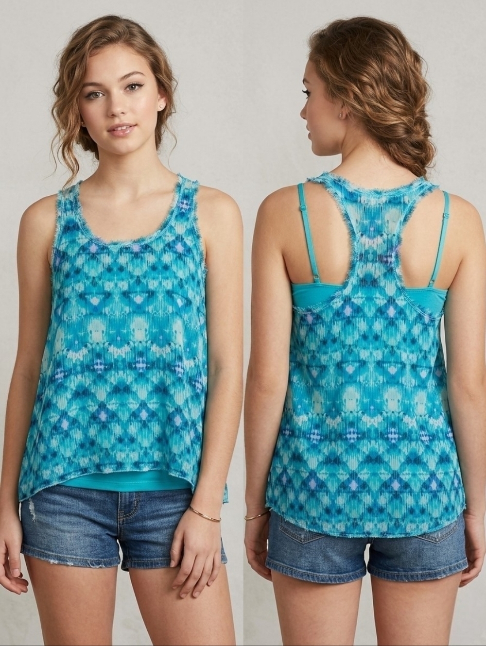 Aeropostale Teal Small Solid Tank and Sheer Patterned Shirt Set